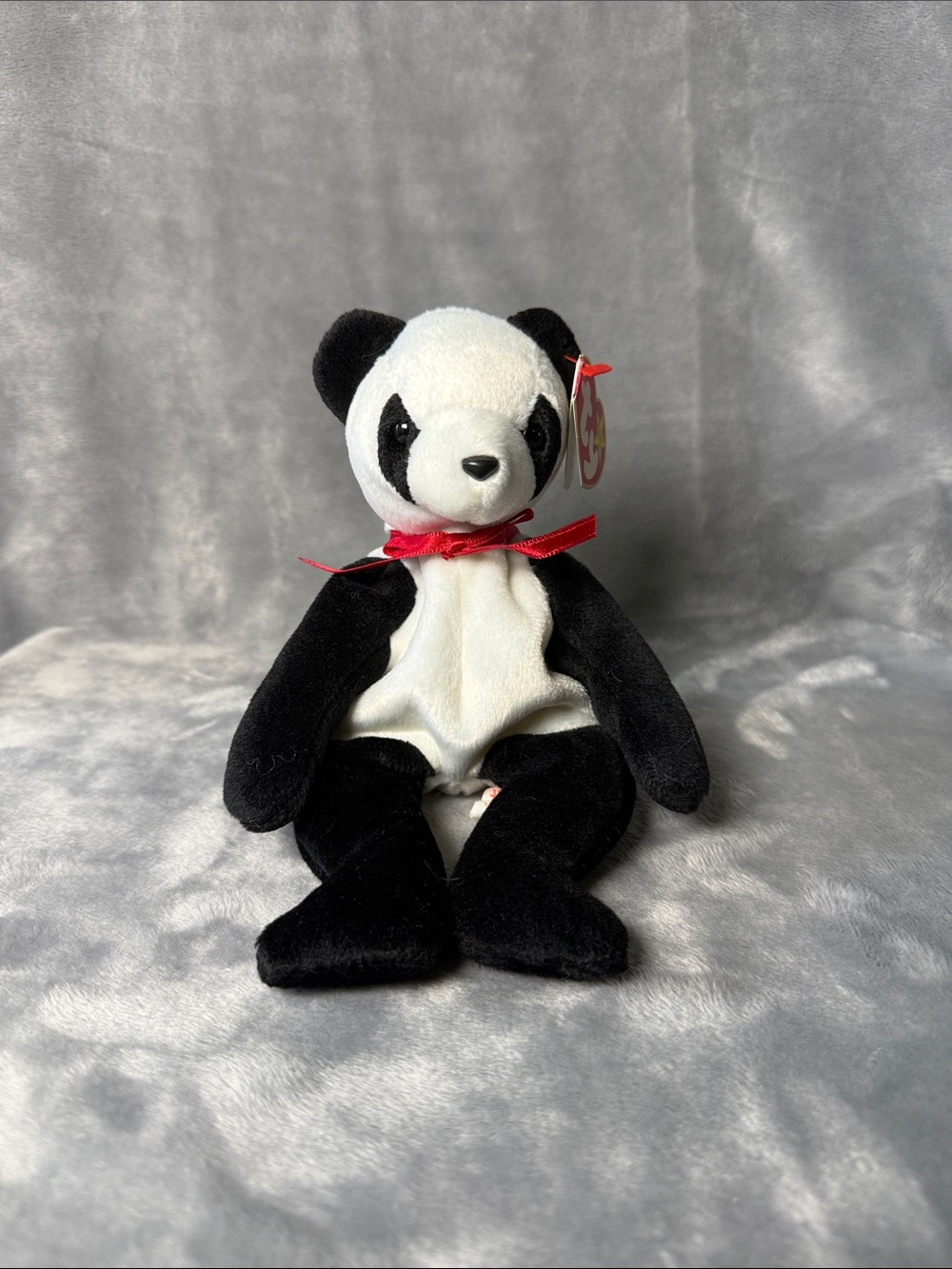 Ty Black and White Panda Plush with Red Bow